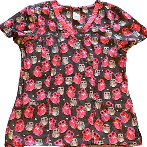 HeartSoul Scrub Medical Top Owl Print Medium Pink Gray